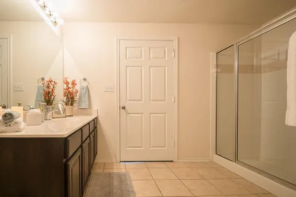a bathroom with a sink a mirror and a shower
