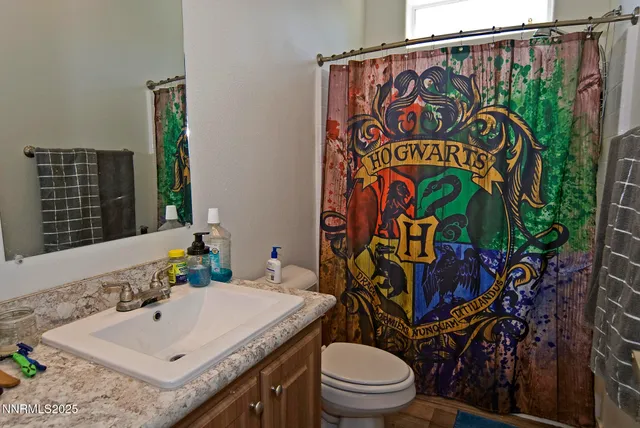 a bathroom with a sink mirror vanity and toilet