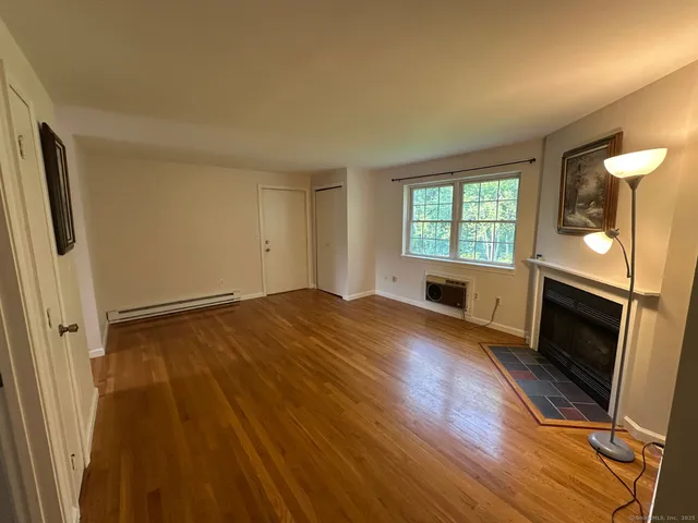 a view of empty room with wooden floor and fireplace