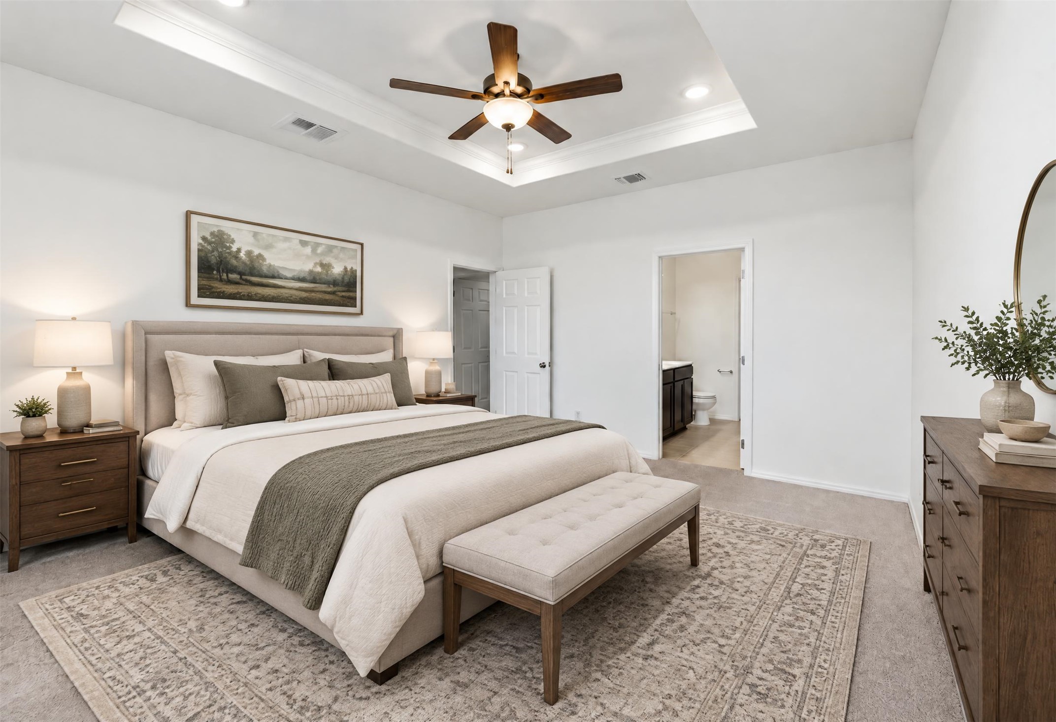 545 Henry Milton Road Georgetown, TX 78626 - Photo 17 of 33 An elegant tray ceiling with recessed lighting defines this comfortable bedroom retreat.