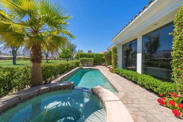 a view of a backyard with plants and patio