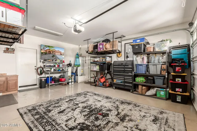 a view of a garage with storage