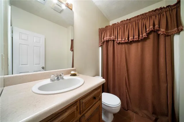 a bathroom with a sink a toilet a mirror and shower curtain