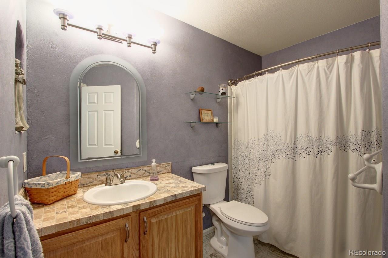 805 Nelson Park Drive Longmont, CO 80503 - Photo 15 of 33 a bathroom with a granite countertop sink toilet and a mirror