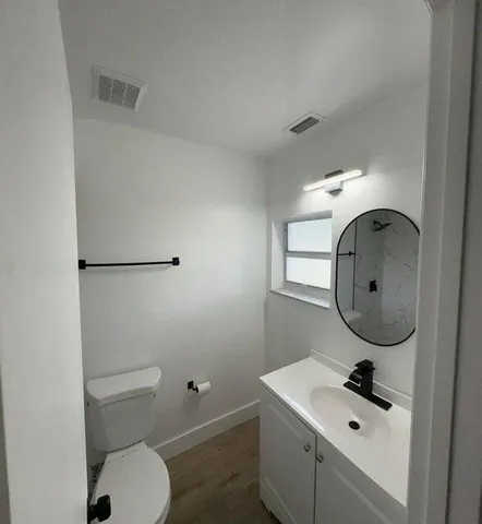 a bathroom with a sink mirror vanity and toilet
