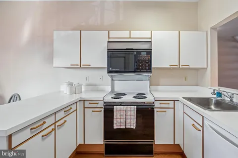 a kitchen with a sink a counter top space appliances and cabinets