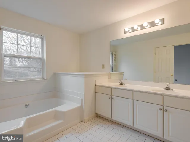 a bathroom with a tub sink and mirror