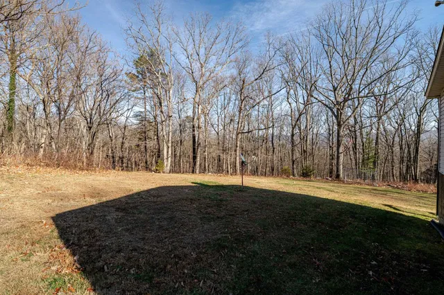 a view of a yard with wooden fence