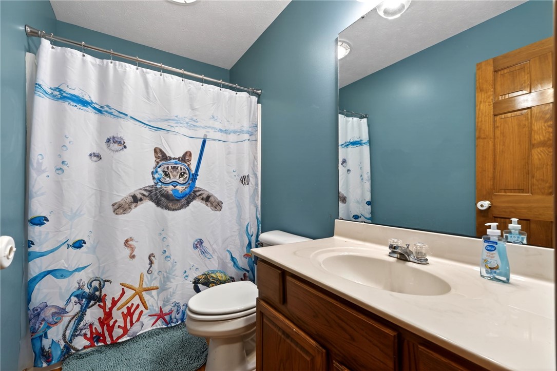 4996 Shannon Avenue Springfield, OH 45504 - Photo 9 of 61 This functional bathroom features a single vanity, a toilet, and a shower with a playful curtain.