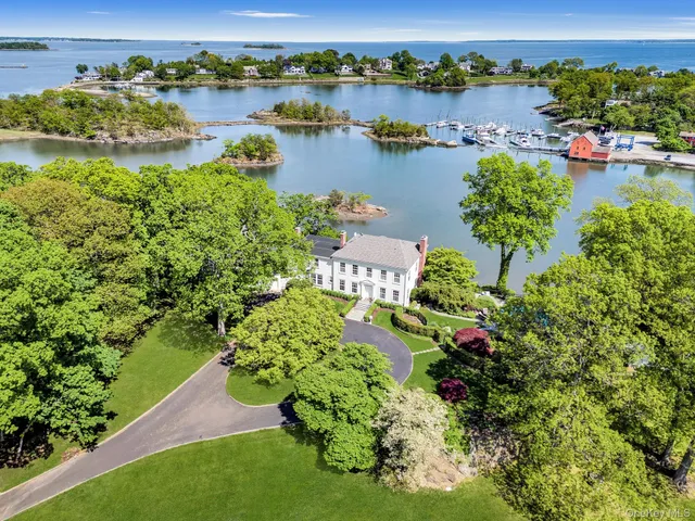 an aerial view of residential houses with outdoor space and lake view