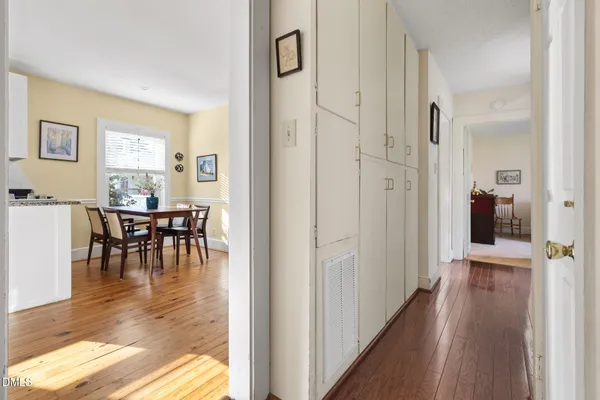 a view of a dining room with furniture
