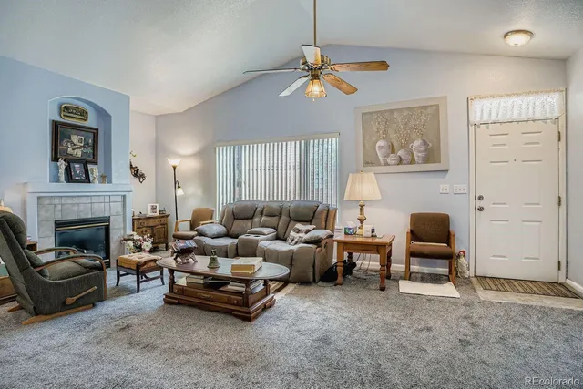 a living room with furniture and a fireplace