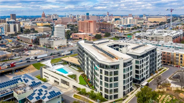 a city view with tall buildings