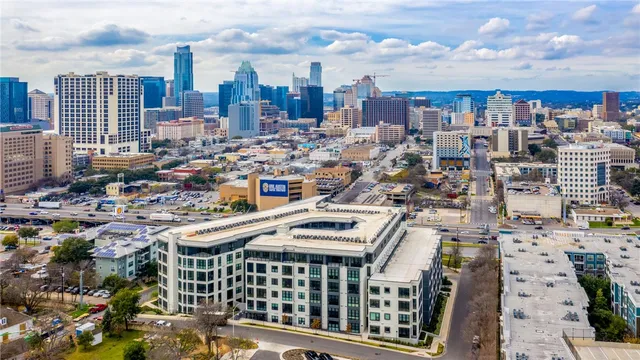 a city view with tall buildings