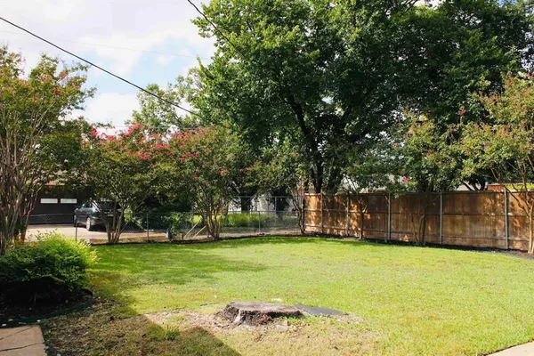 a view of a park with large trees