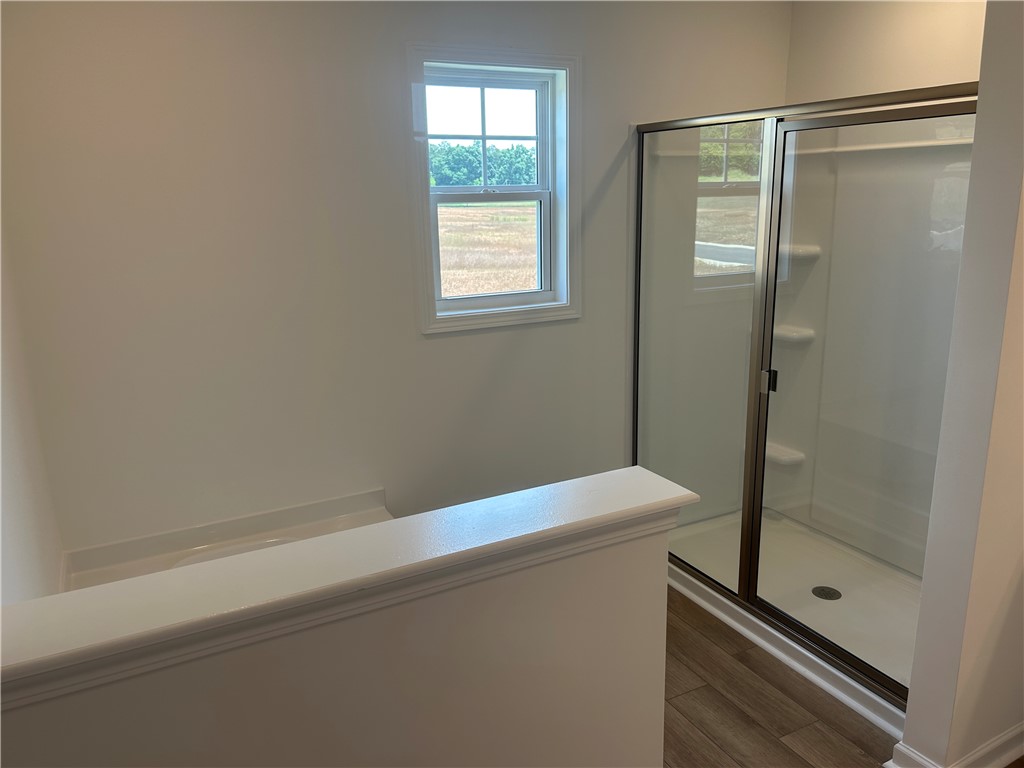 217 Bellflower Lane Anderson, SC 29625 - Photo 18 of 27 A well-lit primary bathroom featuring wood-look flooring and a glass-enclosed shower.