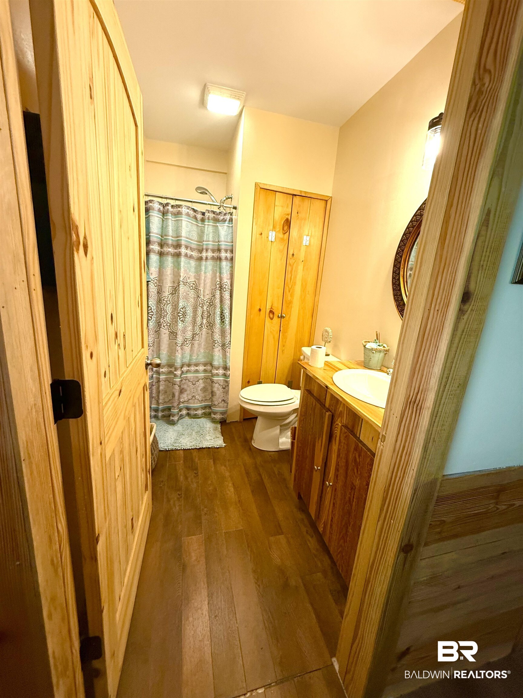 1 Mason Ferry Road Citronelle, AL 36522 - Photo 10 of 40 Bathroom featuring wood-finish flooring, a vanity with a white basin sink, a toilet, a shower with a showerhead, and a built-in wood-paneled cabinet
