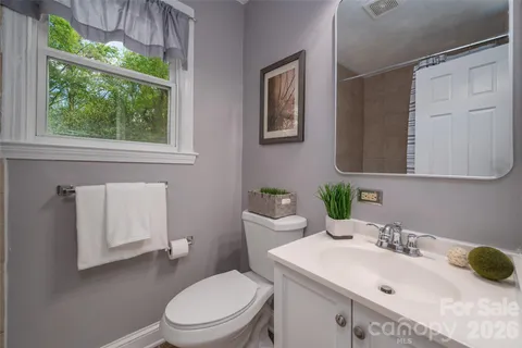 a bathroom with a sink vanity mirror and toilet