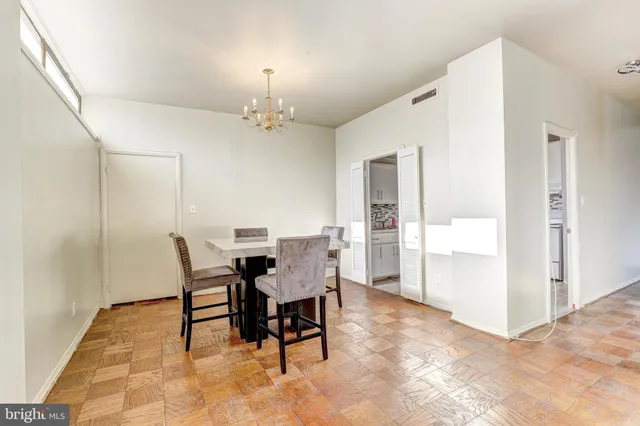 a view of a dining room with furniture