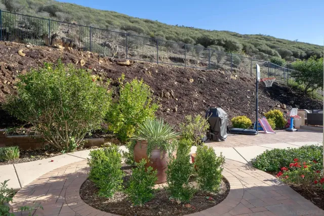 a view of backyard with outdoor seating and plants