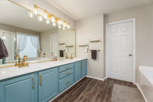 a bathroom with a double vanity sink a mirror and a shower