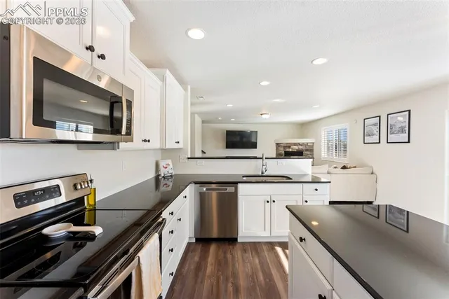 a kitchen with a sink stainless steel appliances and cabinets