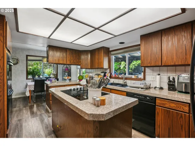 a kitchen with a sink a counter space appliances and cabinets