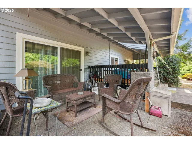 a building outdoor space with patio furniture