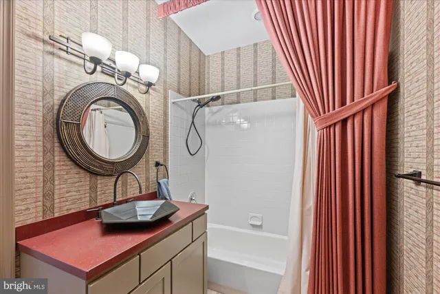 a bathroom with a sink a mirror and a shower