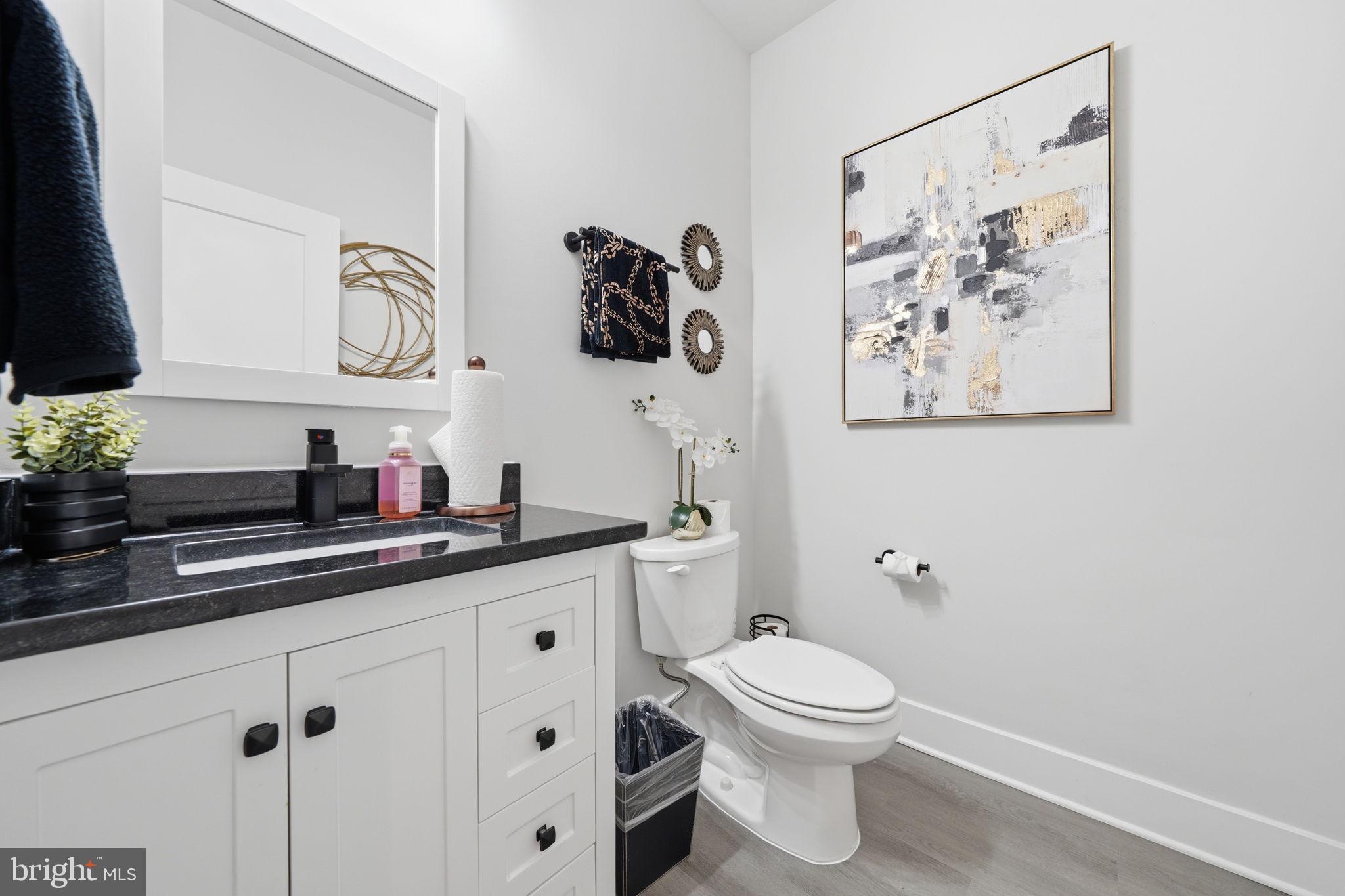 107 Pinewood Lane Colonial Beach, VA 22443 - Photo 19 of 25 a bathroom with a granite countertop sink a toilet and a mirror