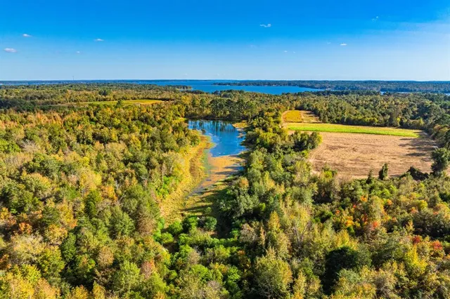 a view of lake with green space