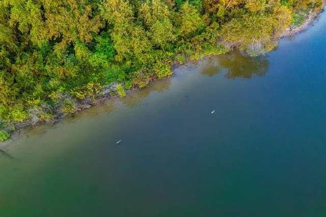 a view of a lake with houses in back