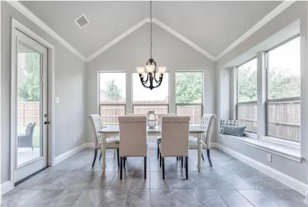 a view of a dining room with furniture window and outside view