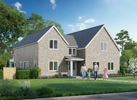 a view of a white house next to a yard with big trees