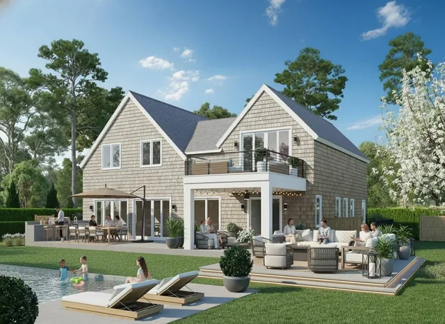 a view of a white house with a big yard and potted plants