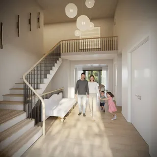 a view of a livingroom with wooden floor and stairs