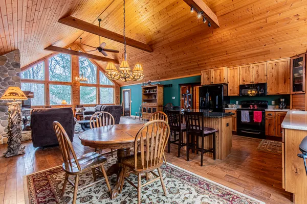 a view of a dining room with furniture