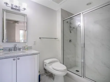 a bathroom with a shower sink vanity mirror and toilet
