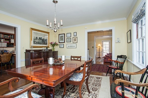 38 Dwhinda Road Newton, MA 02468 - Photo 14 of 30 a dining room with wooden floor a chandelier a wooden table and chairs