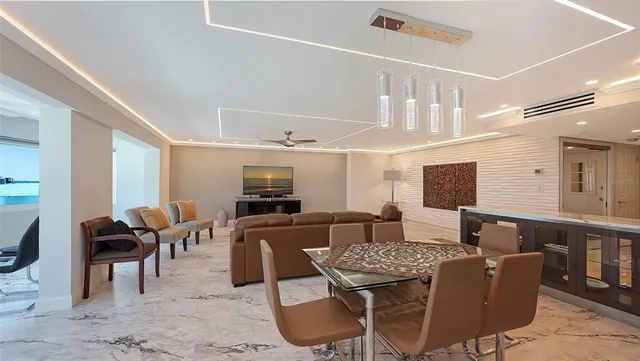 a view of a room with a large window