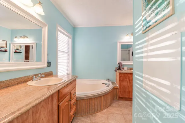 a bathroom with a tub sink and mirror