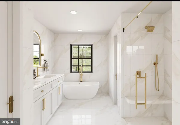 a spacious bathroom with a double vanity sink a mirror and a bathtub