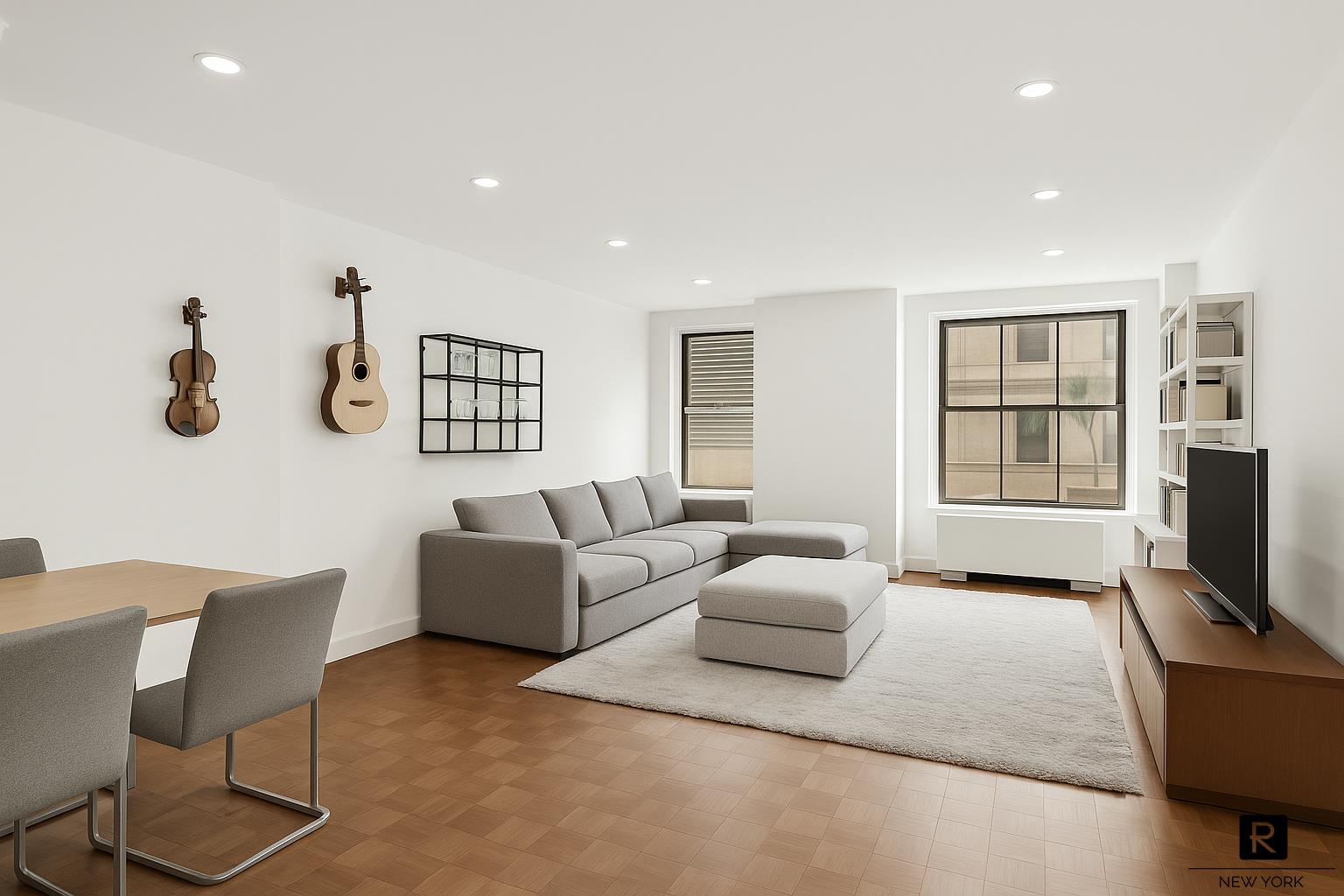 153 East 87th Street, Unit 9D Manhattan, NY 10128 - Photo 1 of 9 a living room with furniture a flat screen tv and a window