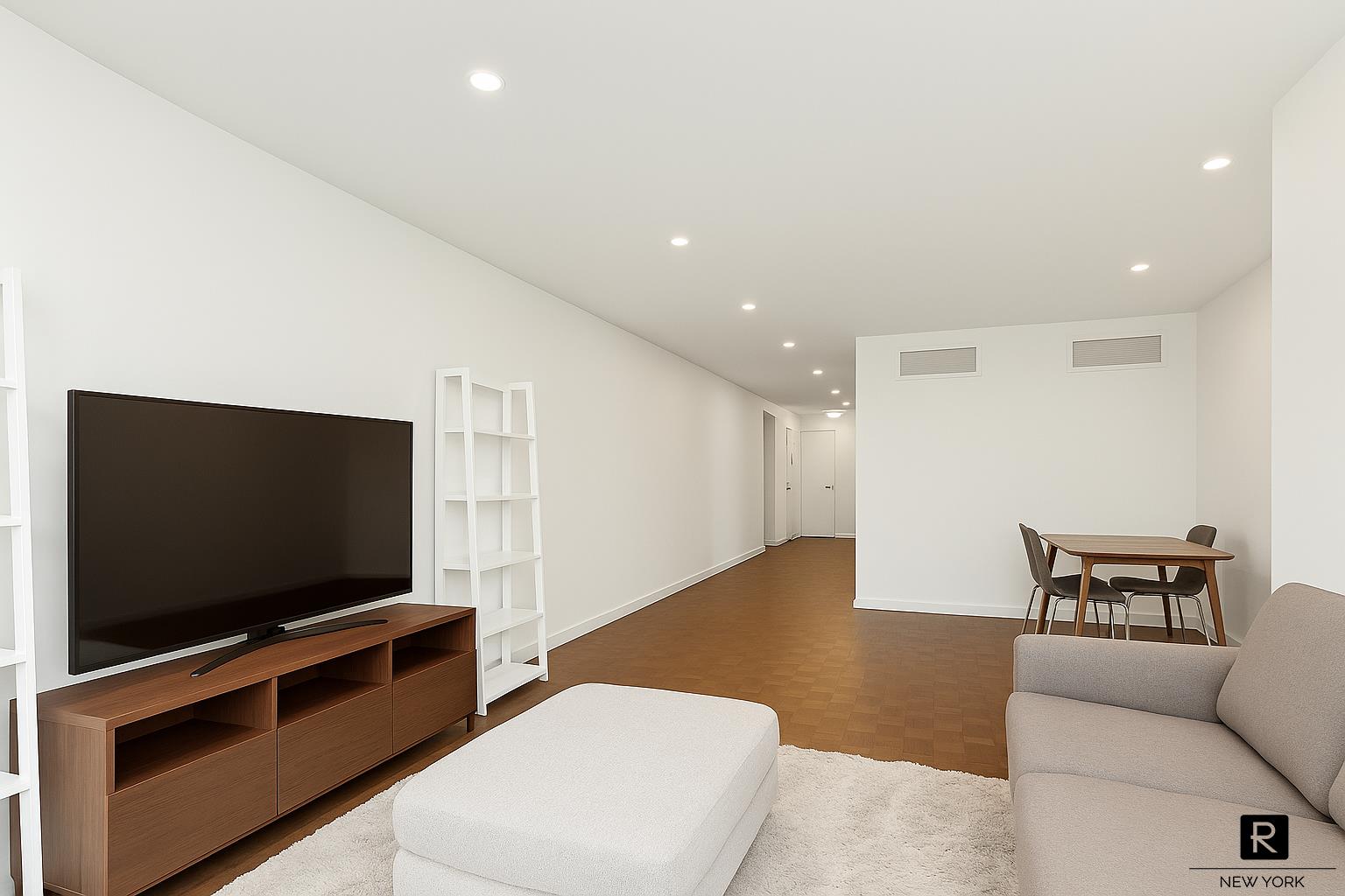 153 East 87th Street, Unit 9D Manhattan, NY 10128 - Photo 2 of 9 a living room with furniture and a flat screen tv