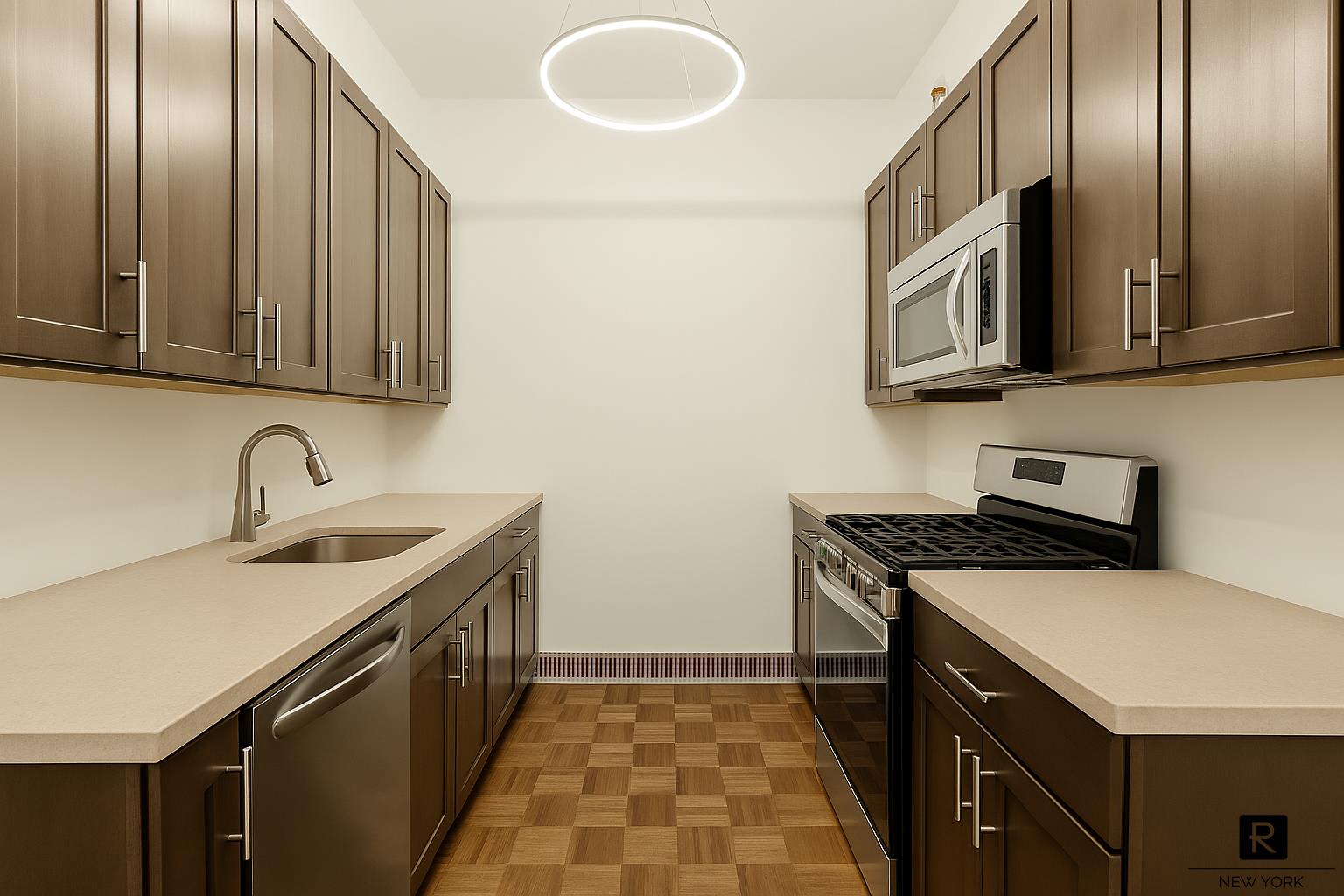 153 East 87th Street, Unit 9D Manhattan, NY 10128 - Photo 3 of 9 a kitchen with stainless steel appliances granite countertop a sink stove and cabinets