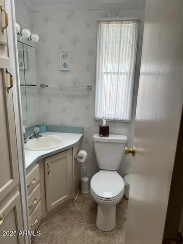 a bathroom with a toilet sink and mirror