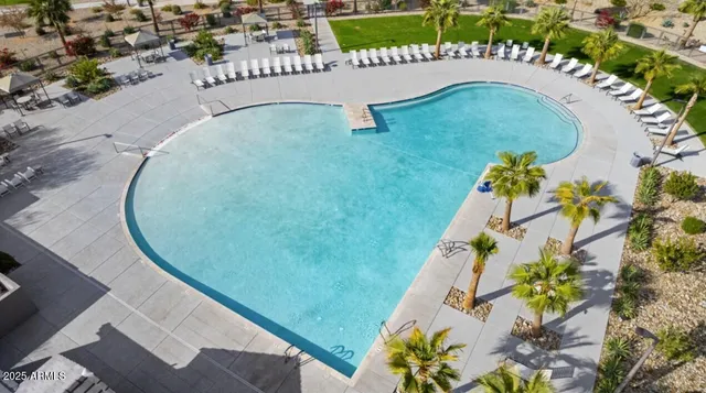 an aerial view of a swimming pool