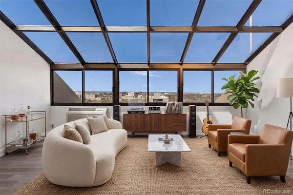 a living room with furniture and a floor to ceiling window