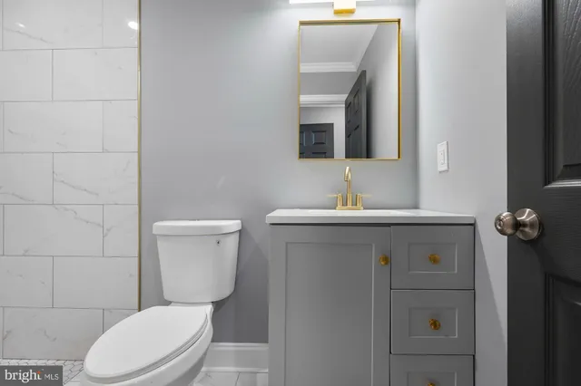 a bathroom with a toilet sink vanity and mirror
