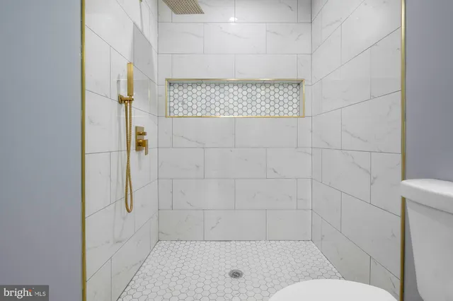 a bathroom with a shower and a toilet